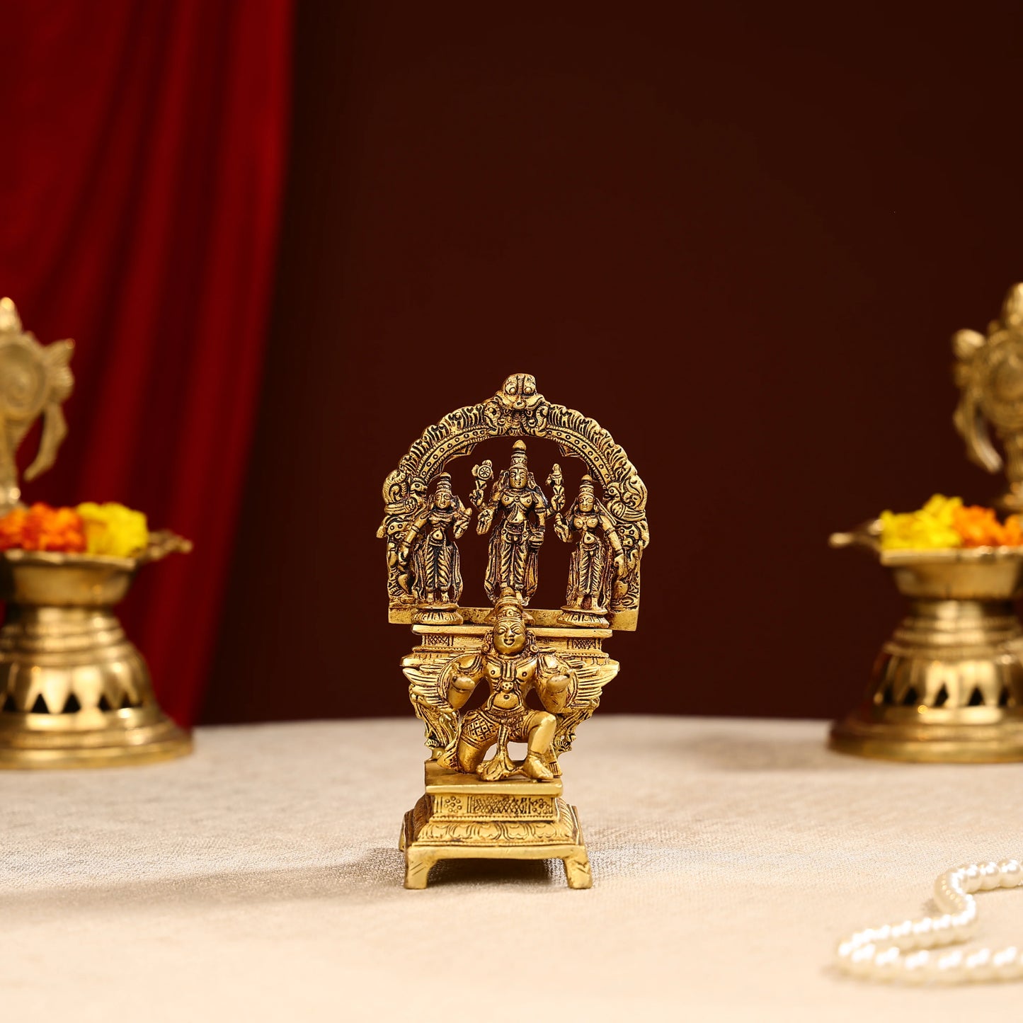 7" Super Fine Brass Shri Maha Vishnu With Sridevi Bhudevi On Garuda Bhagwan Idol