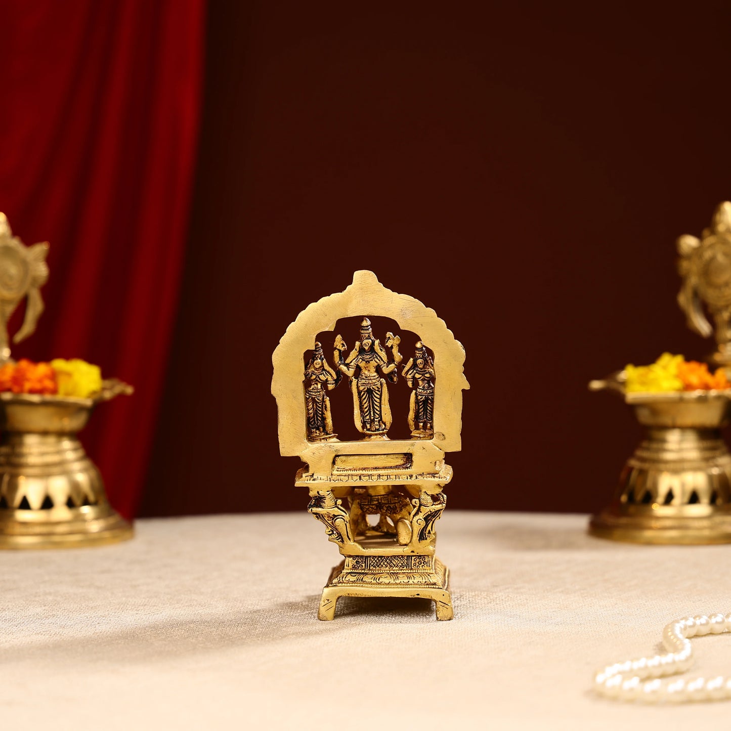 7" Super Fine Brass Shri Maha Vishnu With Sridevi Bhudevi On Garuda Bhagwan Idol