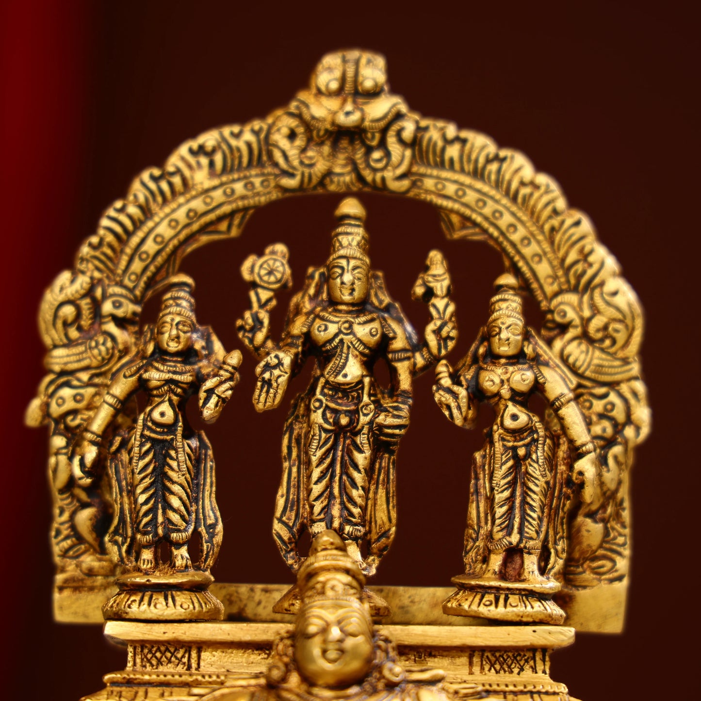 7" Super Fine Brass Shri Maha Vishnu With Sridevi Bhudevi On Garuda Bhagwan Idol