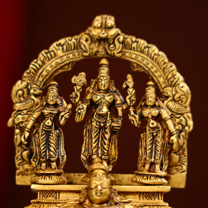 7" Super Fine Brass Shri Maha Vishnu With Sridevi Bhudevi On Garuda Bhagwan Idol