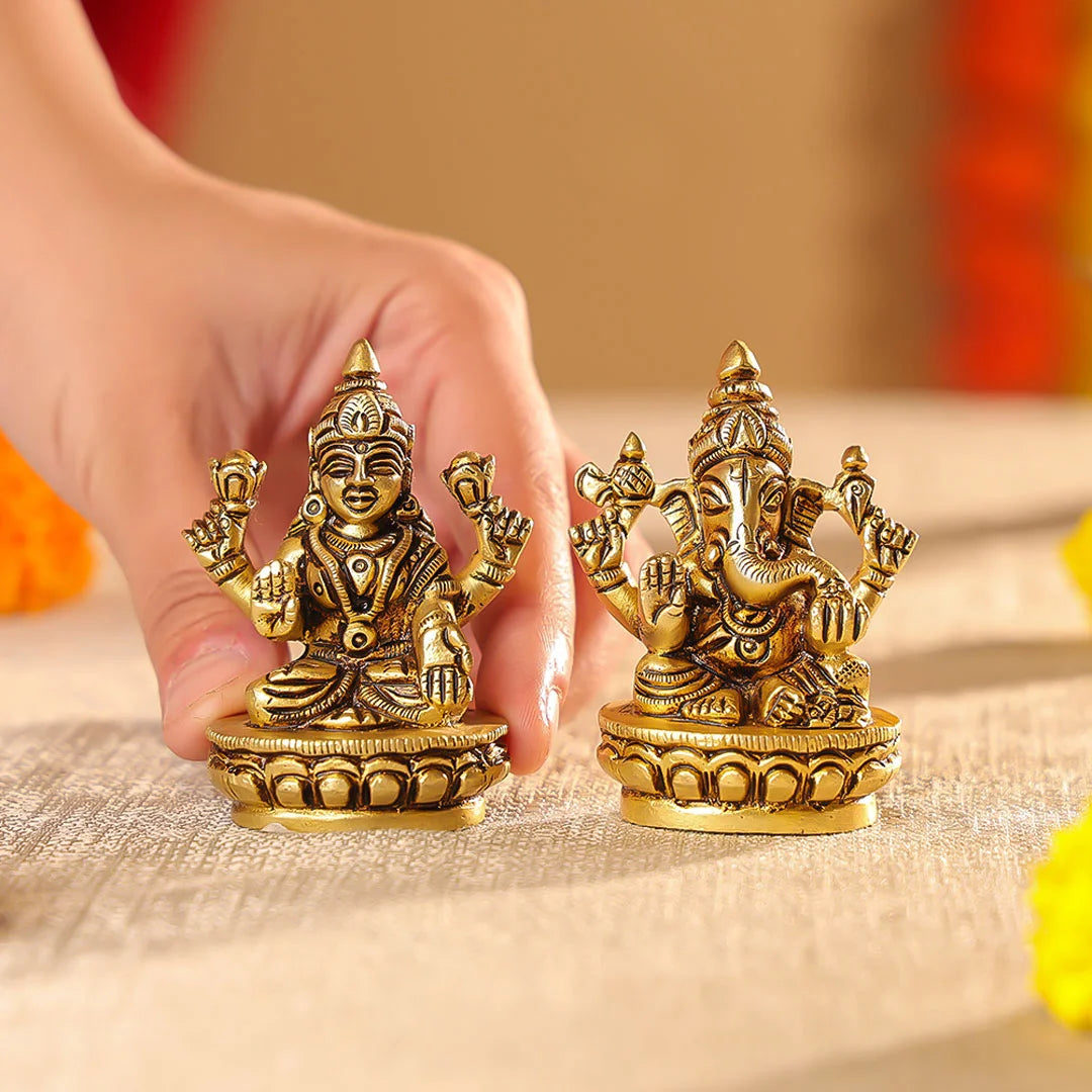 Brass Mata Lakshmi & Lord Ganesha Idols Seated On Lotus Set