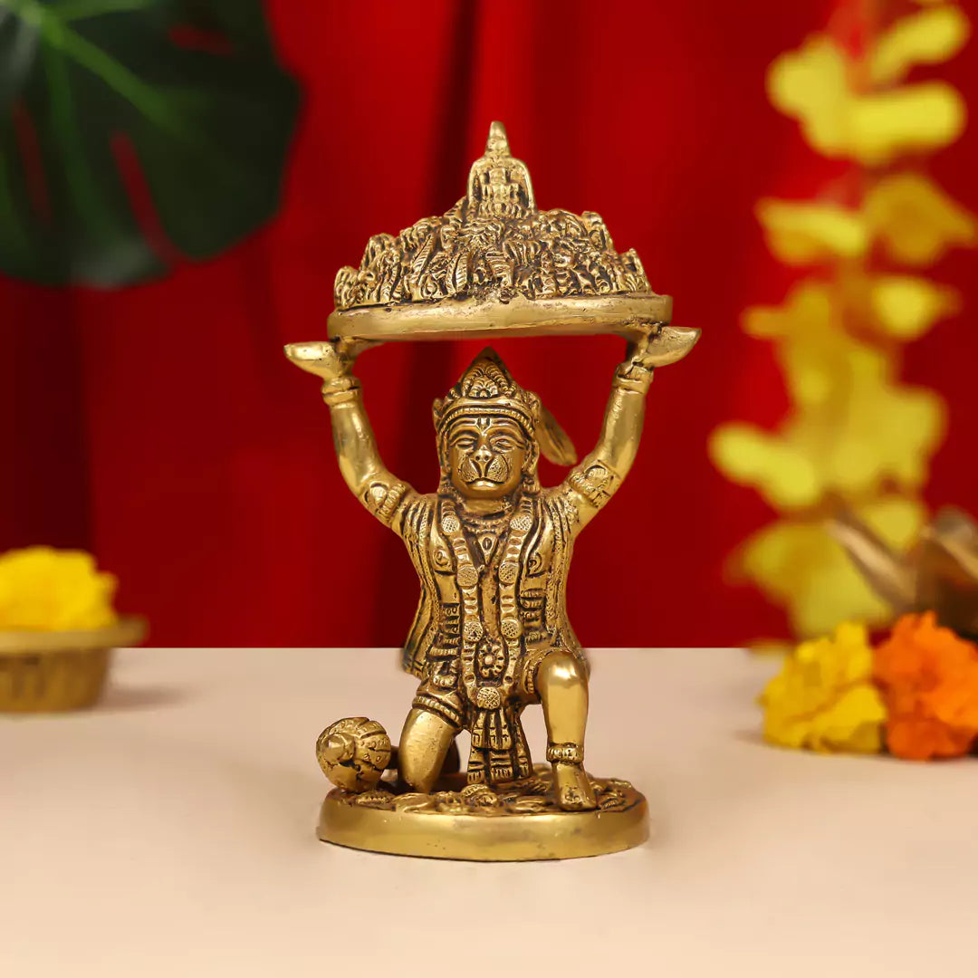 7" Brass Lord Hanuman Idol Carrying the Sanjeevani Mountain