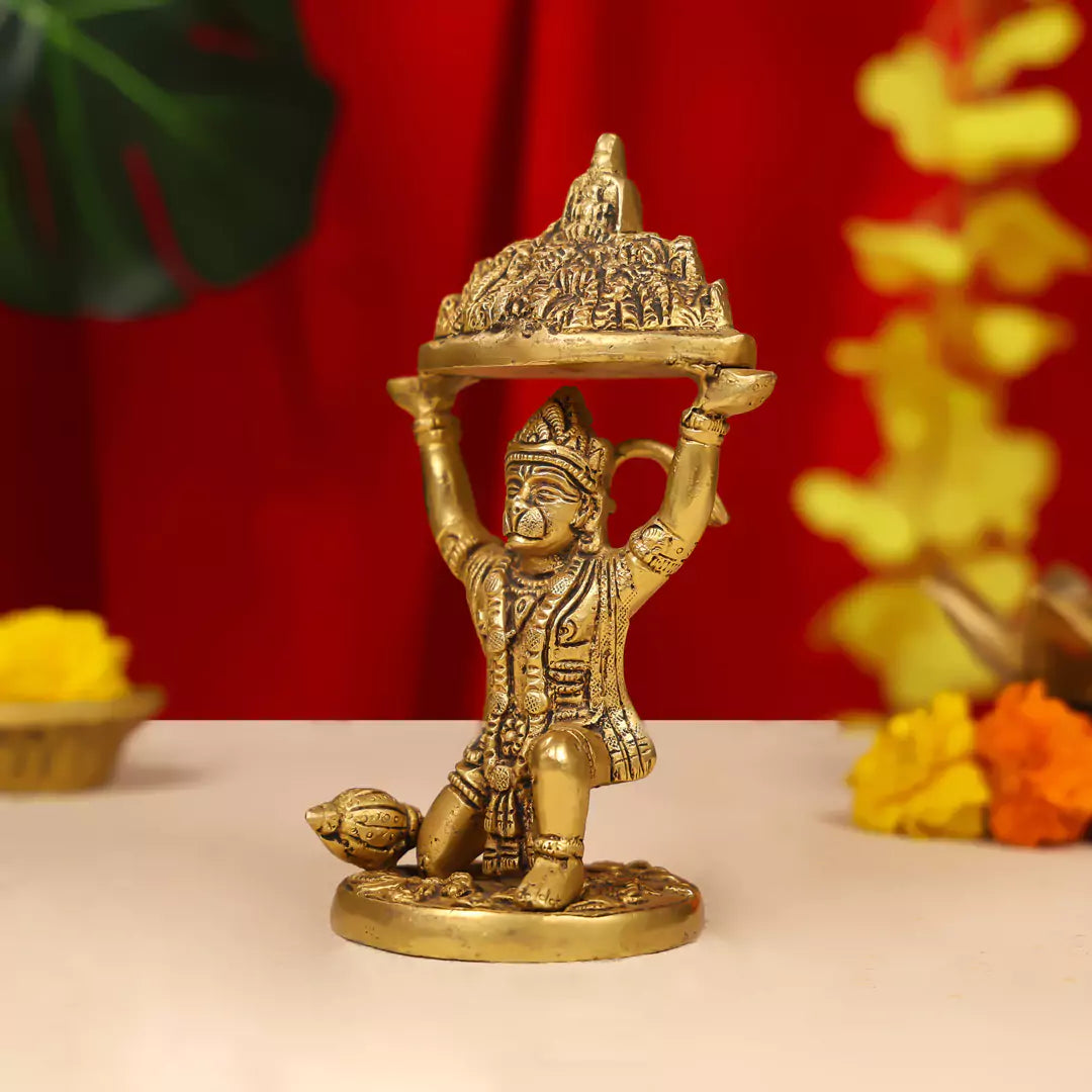 7" Brass Lord Hanuman Idol Carrying the Sanjeevani Mountain 1