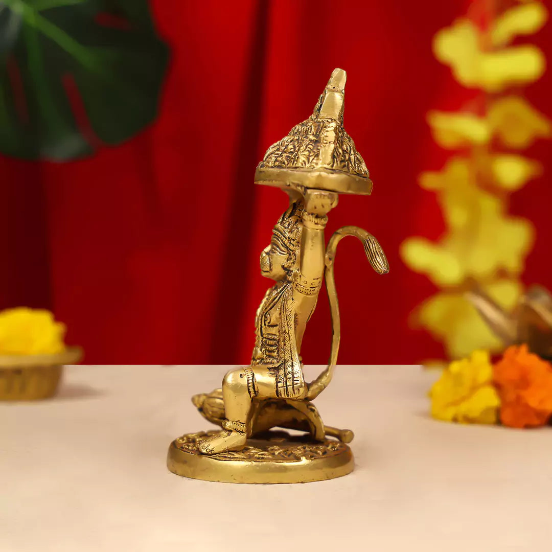 7" Brass Lord Hanuman Idol Carrying the Sanjeevani Mountain 3