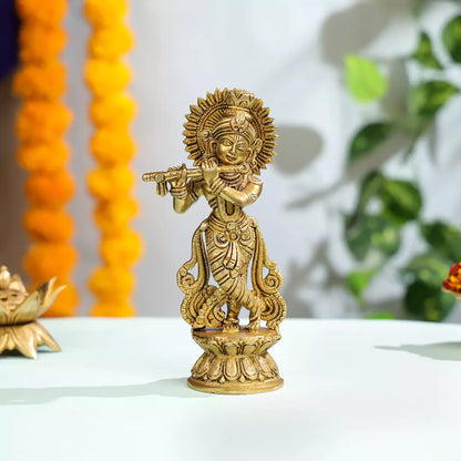 Brass Idol Of Standing Krishna With Flute