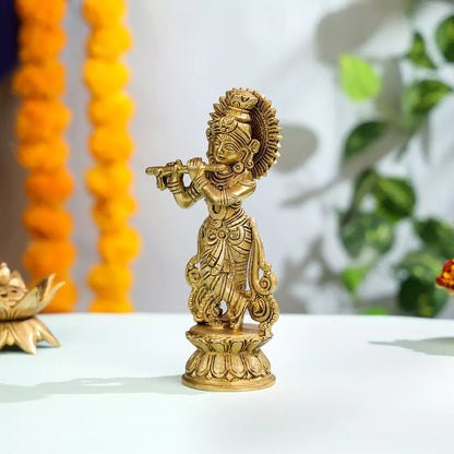 Brass Idol Of Standing Krishna With Flute