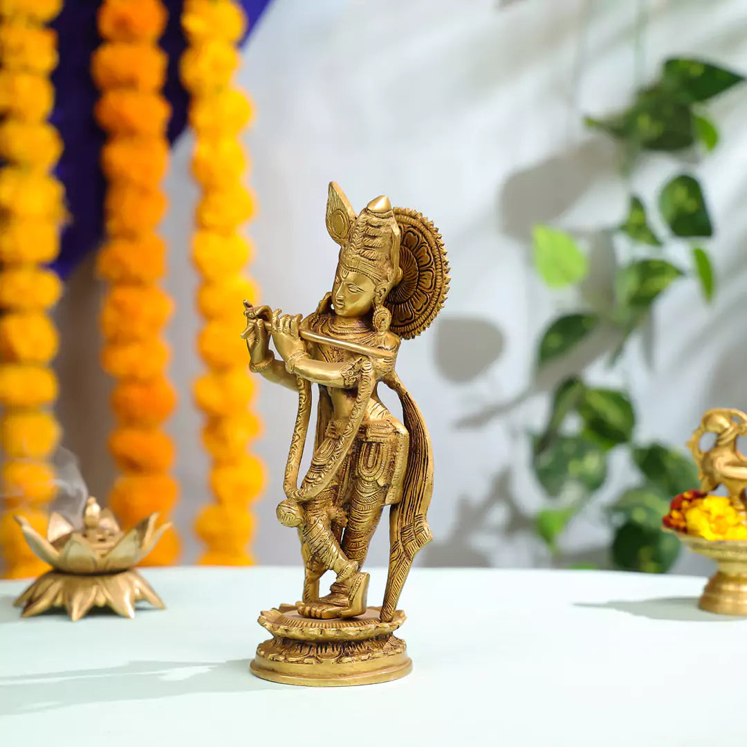 Brass Idol Of Krishna Playing Flute