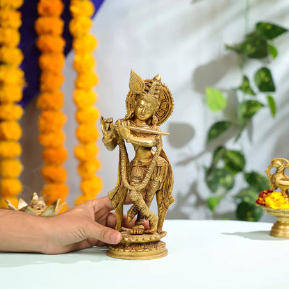 Brass Idol Of Krishna Playing Flute