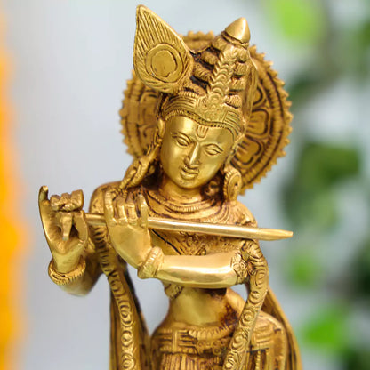 Brass Idol Of Krishna Playing Flute