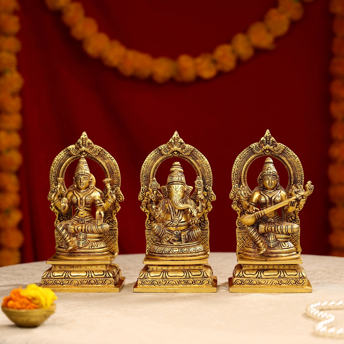 8" Super Fine Brass Goddess Lakshmi, Lord Ganesha & Goddess Saraswati Idols Seated on Throne