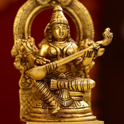 8" Super Fine Brass Goddess Lakshmi, Lord Ganesha & Goddess Saraswati Idols Seated on Throne