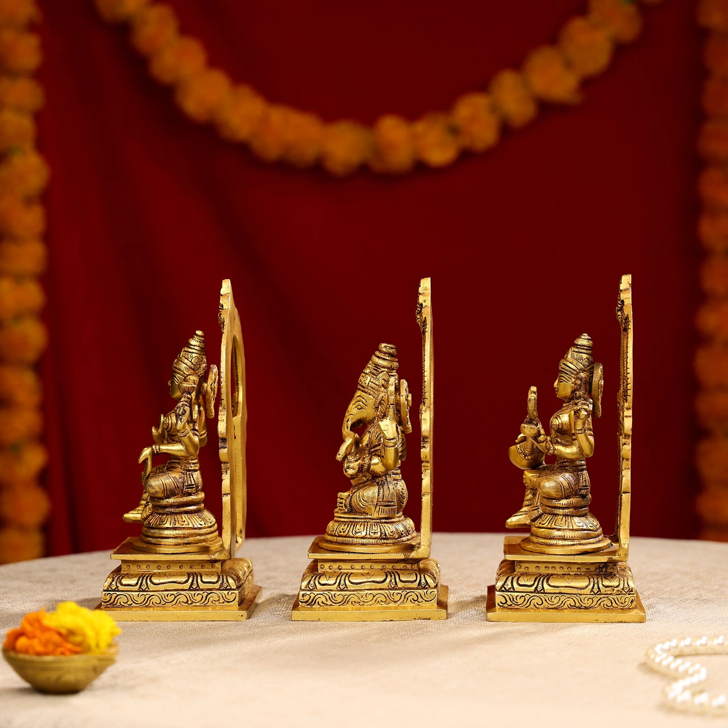 8" Super Fine Brass Goddess Lakshmi, Lord Ganesha & Goddess Saraswati Idols Seated on Throne