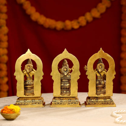 8" Super Fine Brass Goddess Lakshmi, Lord Ganesha & Goddess Saraswati Idols Seated on Throne