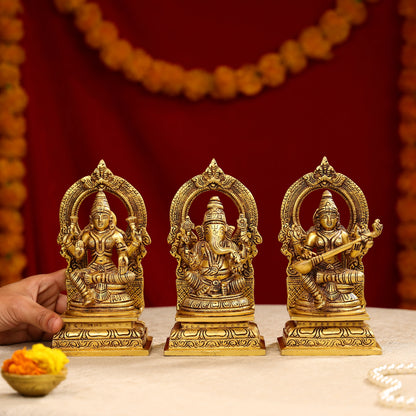 8" Super Fine Brass Goddess Lakshmi, Lord Ganesha & Goddess Saraswati Idols Seated on Throne