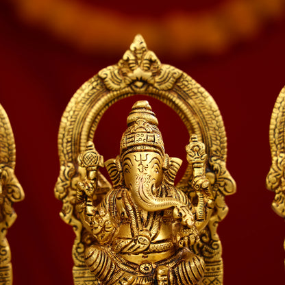 8" Super Fine Brass Goddess Lakshmi, Lord Ganesha & Goddess Saraswati Idols Seated on Throne