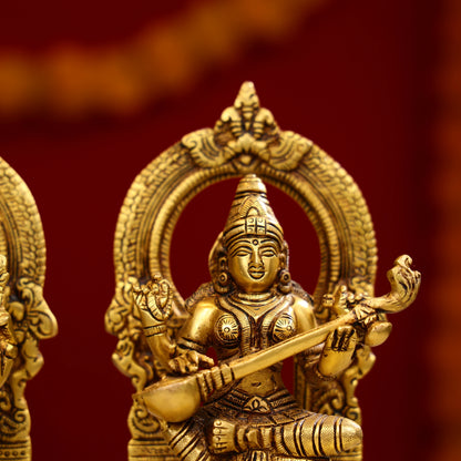 8" Super Fine Brass Goddess Lakshmi, Lord Ganesha & Goddess Saraswati Idols Seated on Throne