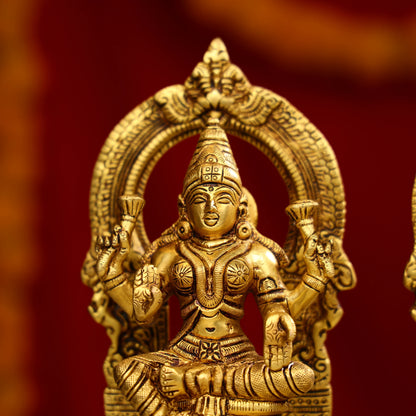 8" Super Fine Brass Goddess Lakshmi, Lord Ganesha & Goddess Saraswati Idols Seated on Throne