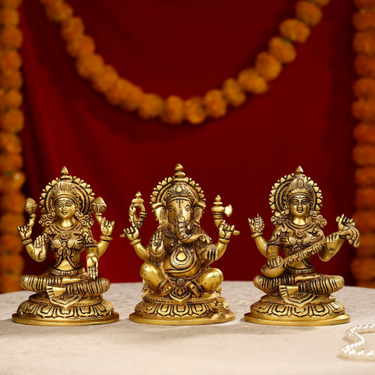 8" Super Fine Brass Laxmi, Ganesha & Saraswati Trio Idols Seated On Oval Base