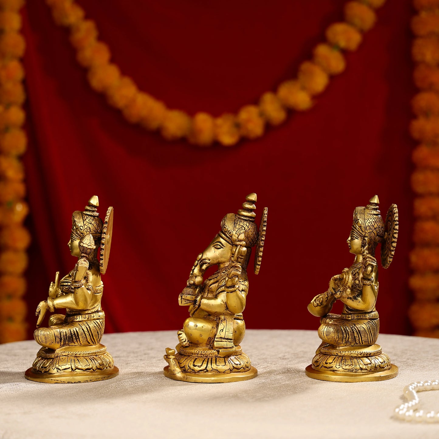 8" Super Fine Brass Laxmi, Ganesha & Saraswati Trio Idols Seated On Oval Base