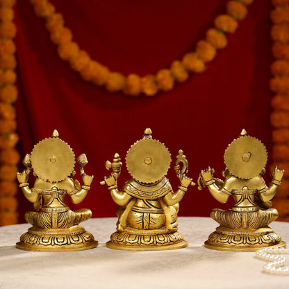 8" Super Fine Brass Laxmi, Ganesha & Saraswati Trio Idols Seated On Oval Base