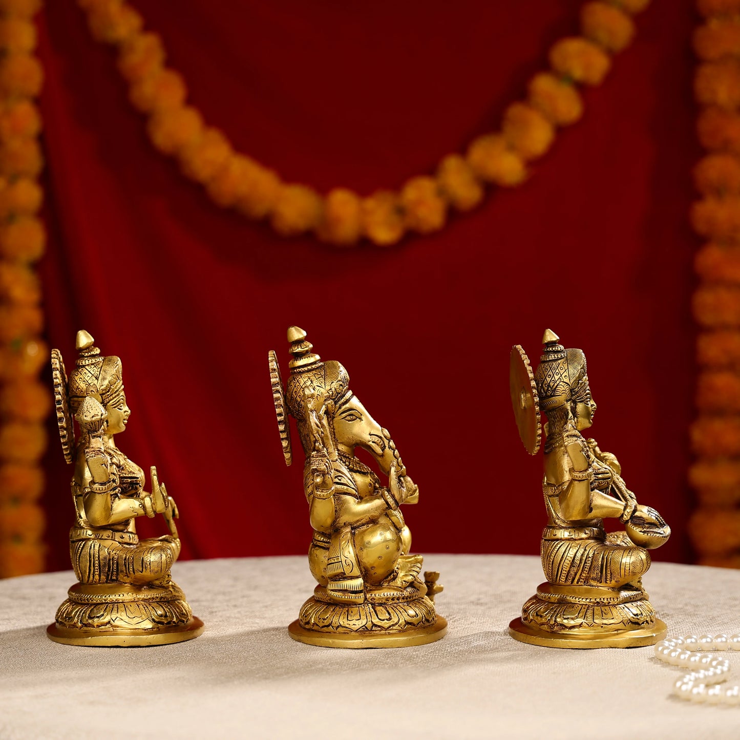 8" Super Fine Brass Laxmi, Ganesha & Saraswati Trio Idols Seated On Oval Base