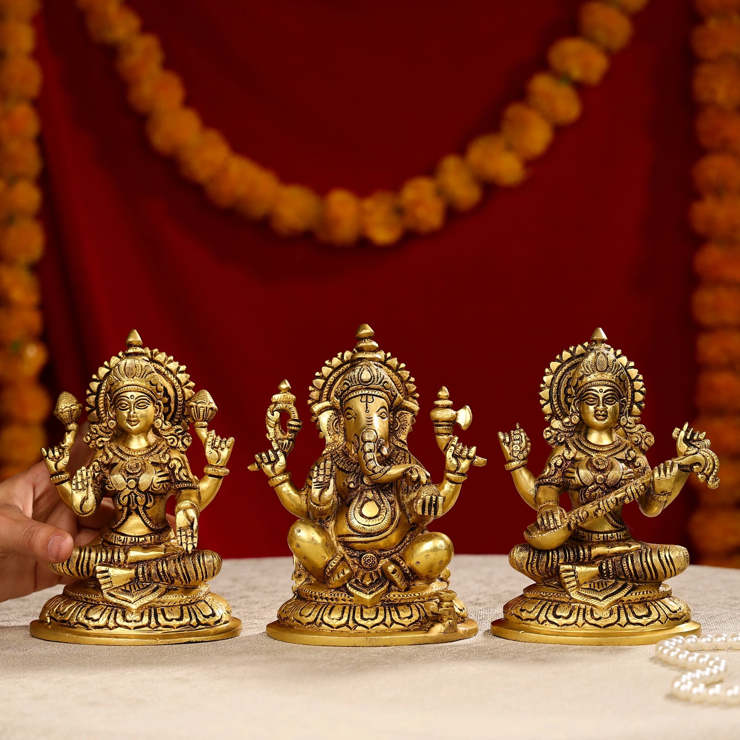 8" Super Fine Brass Laxmi, Ganesha & Saraswati Trio Idols Seated On Oval Base