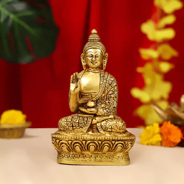 Brass Lord Buddha Idol Sitting On Lotus Base 7 Inch