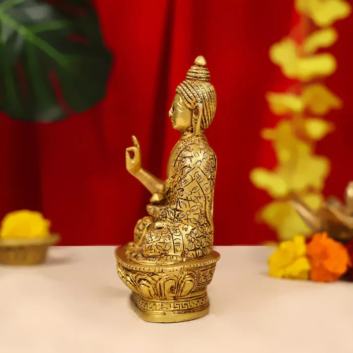 Brass Lord Buddha Idol Sitting On Lotus Base 7 Inch