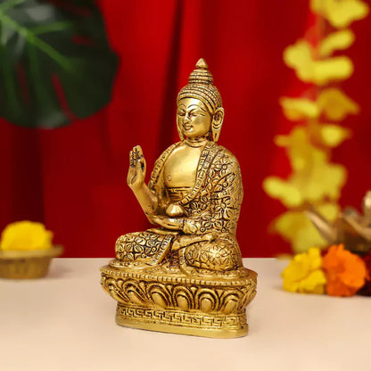 Brass Lord Buddha Idol Sitting On Lotus Base 7 Inch