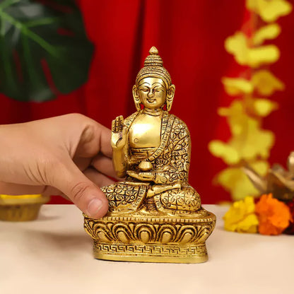 Brass Lord Buddha Idol Sitting On Lotus Base 7 Inch