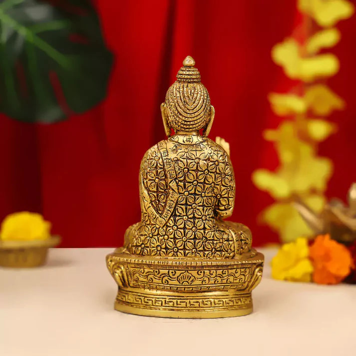 Brass Lord Buddha Idol Sitting On Lotus Base 7 Inch