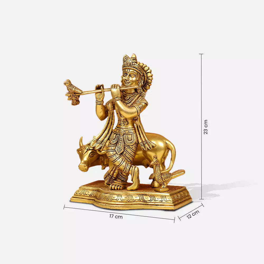 9" Brass Lord Krishna Idol Fluting With Cow In Background