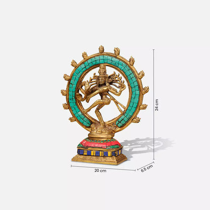 9" Brass Lord Natraj Dancing Shiva Idol Inlay Stonework
