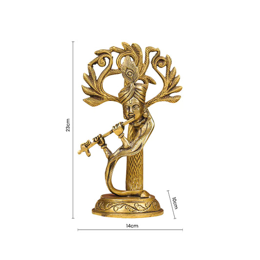 Gold-colored decorative statue with measurements on a white background