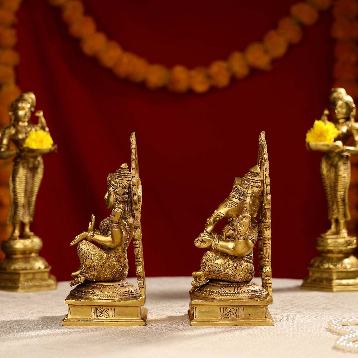 9.25" Super FineBrass Goddess Laxmi & Lord Ganesh Idols Seated On Throne