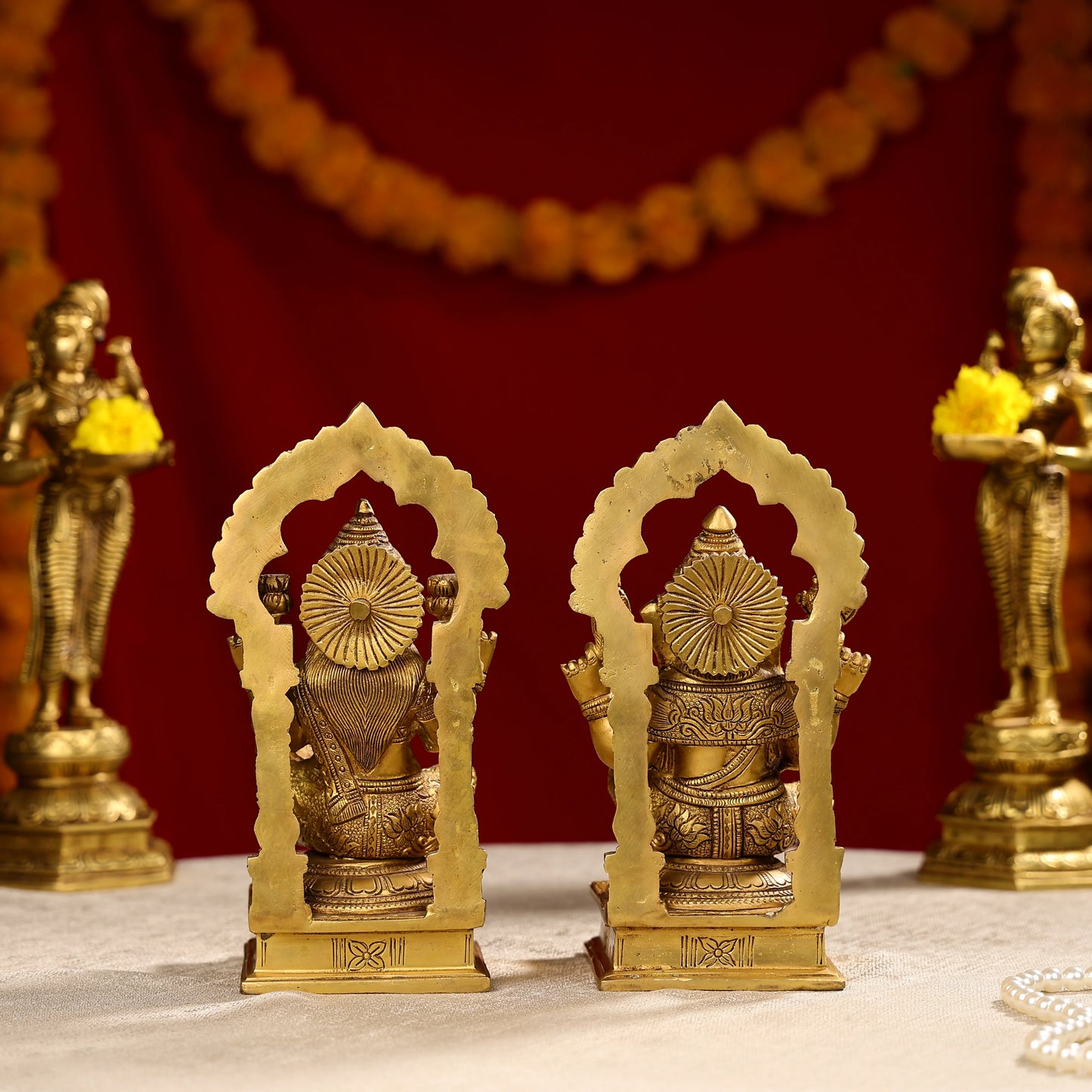 9.25" Super FineBrass Goddess Laxmi & Lord Ganesh Idols Seated On Throne