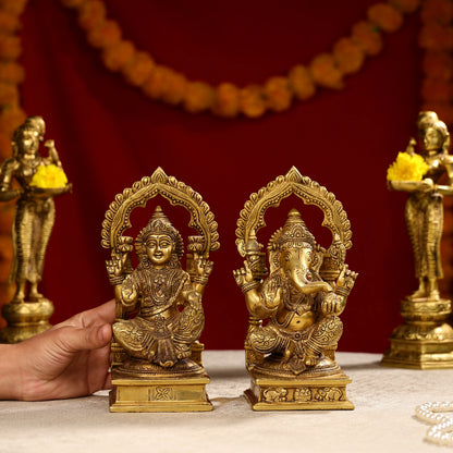 9.25" Super FineBrass Goddess Laxmi & Lord Ganesh Idols Seated On Throne