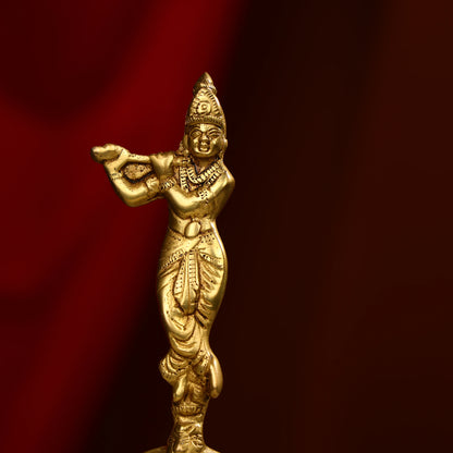 9.5" Brass Lord Krishna Idol Fluting on Sheesh Nag