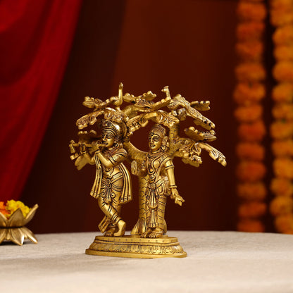 9.5" Brass Radha Krishna Idol Under Tree With Seated Peacocks