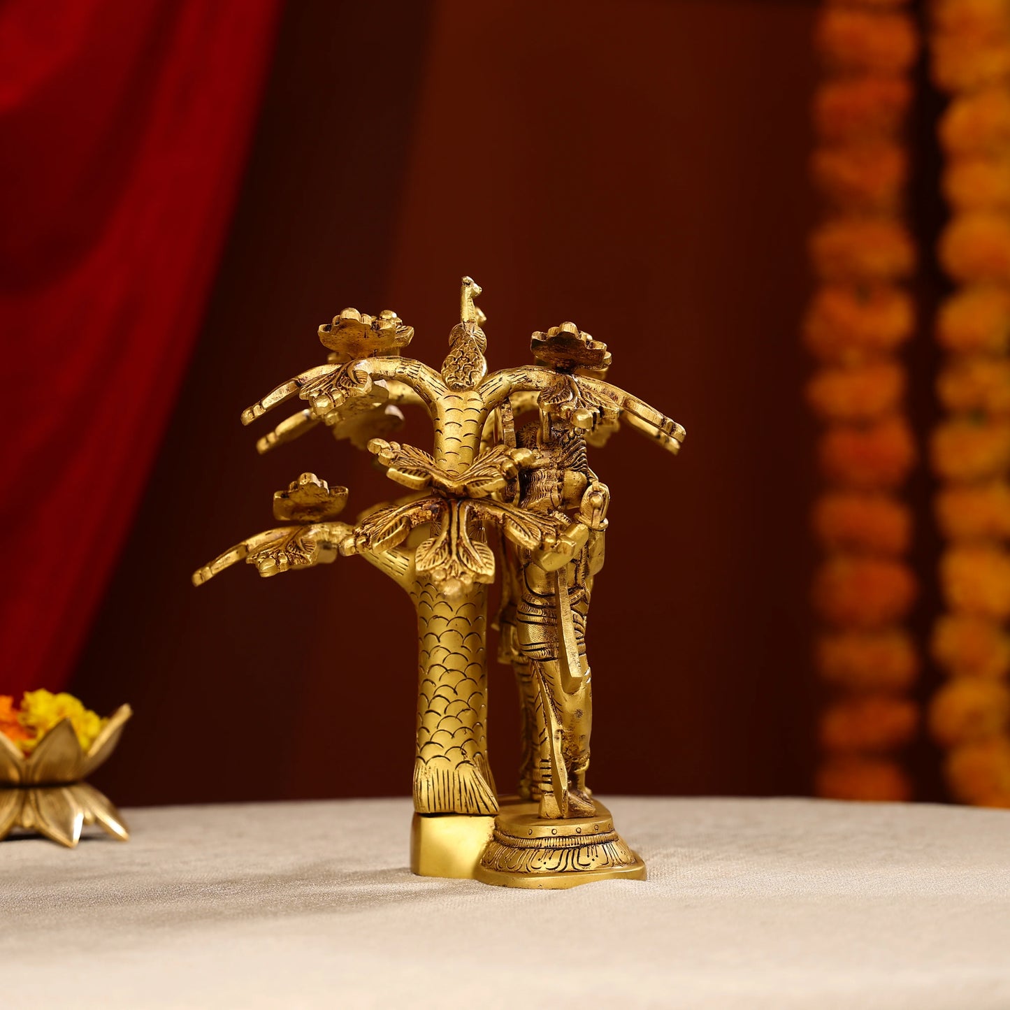 9.5" Brass Radha Krishna Idol Under Tree With Seated Peacocks