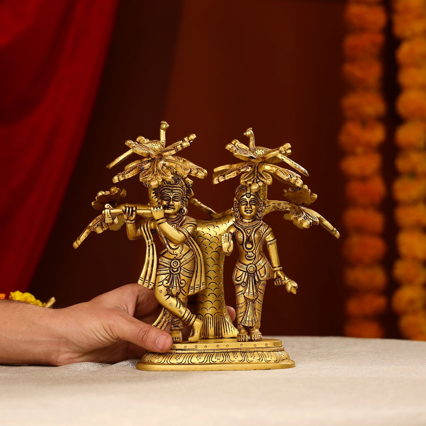 9.5" Brass Radha Krishna Idol Under Tree With Seated Peacocks