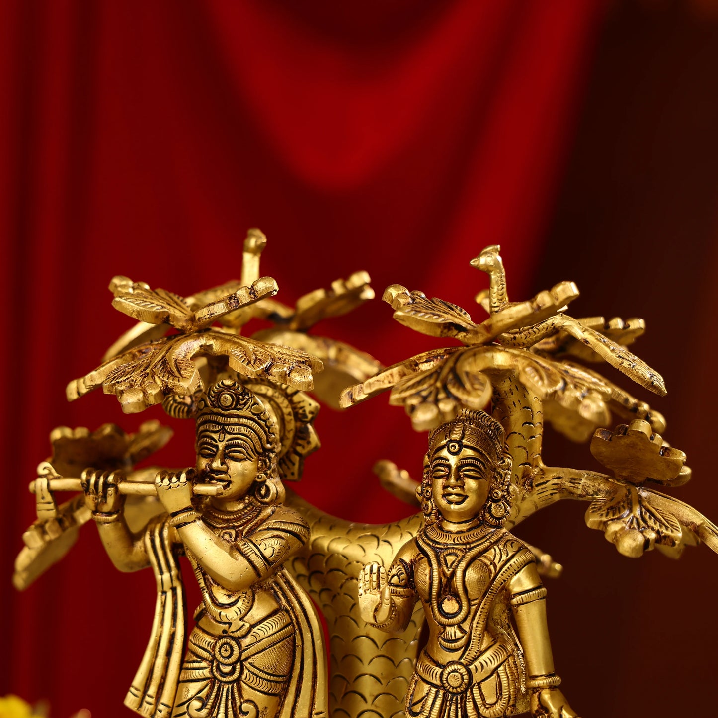 9.5" Brass Radha Krishna Idol Under Tree With Seated Peacocks