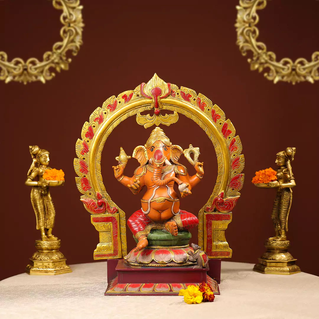 Coloured Brass Idol Of Lord Ganesh On Lotus