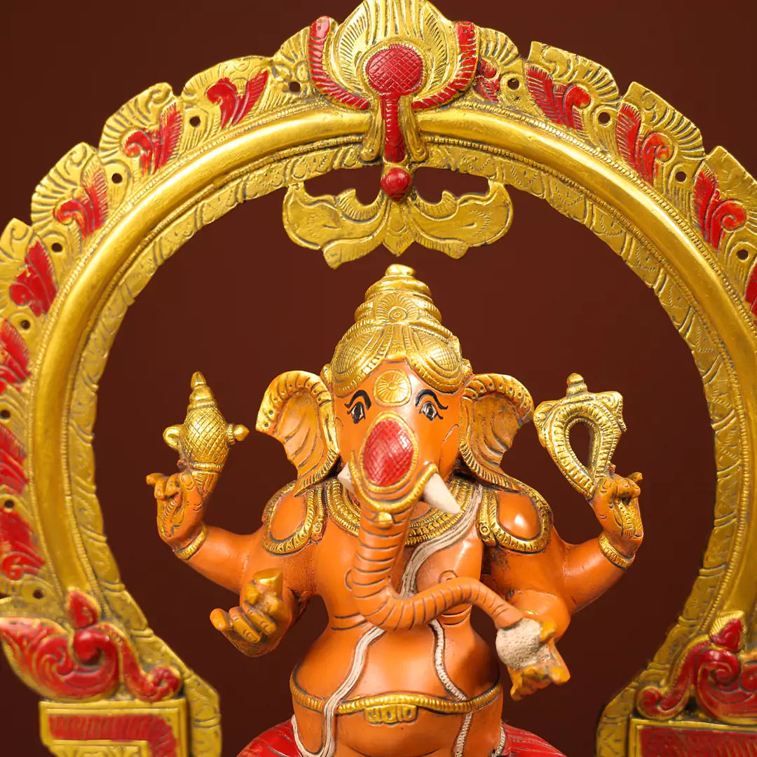 Coloured Brass Idol Of Lord Ganesh On Lotus