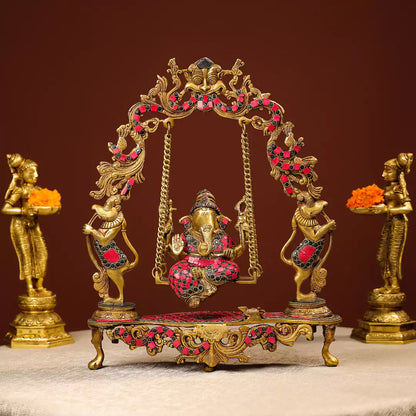 Brass Ganesh On Swing With Colourful Stonework