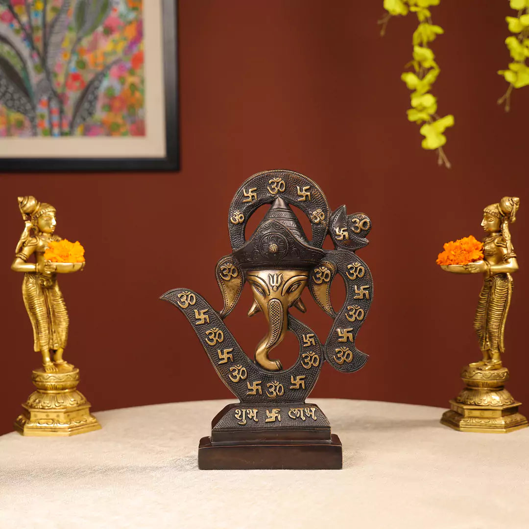 Two-toned Brass Ganesh Head With Symbolic Swastika