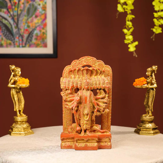 Gold and Orange coloured Brass  Lord Vishnu Idol