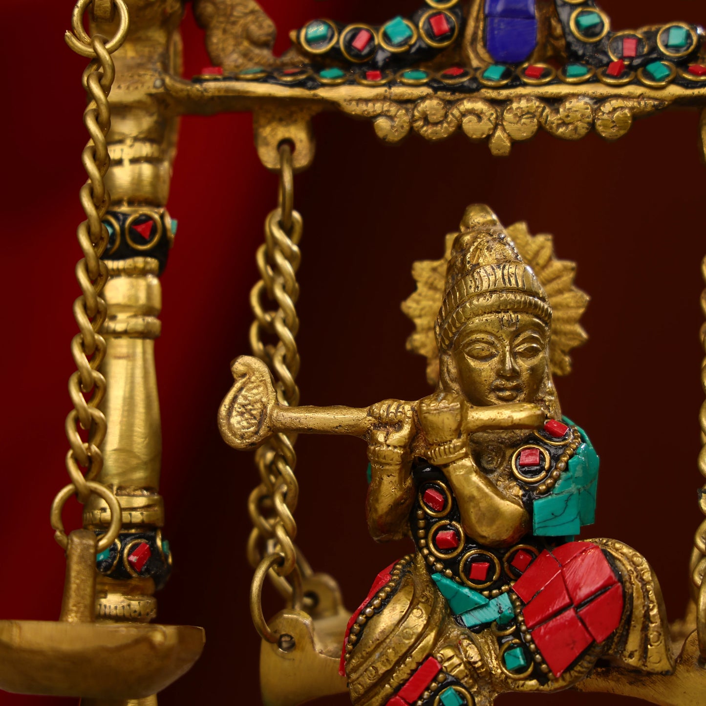 9" Brass Lord Krishna Fluting Idol on Swings With Hanging Panch Diya on Both Sides With Seated Peacocks | Stone Work