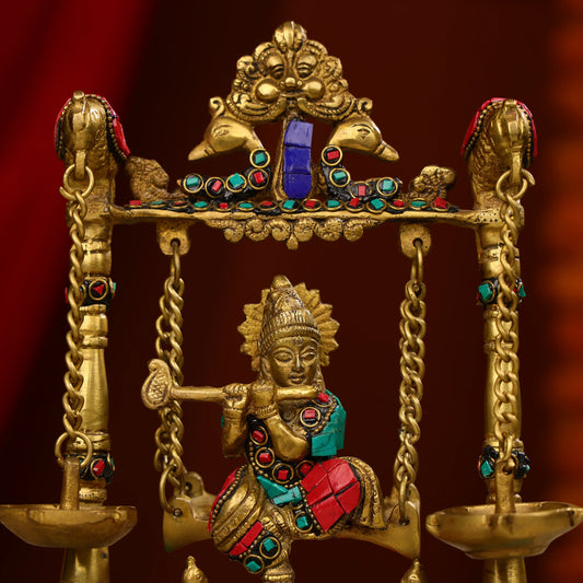 9" Brass Lord Krishna Fluting Idol on Swings With Hanging Panch Diya on Both Sides With Seated Peacocks | Stone Work