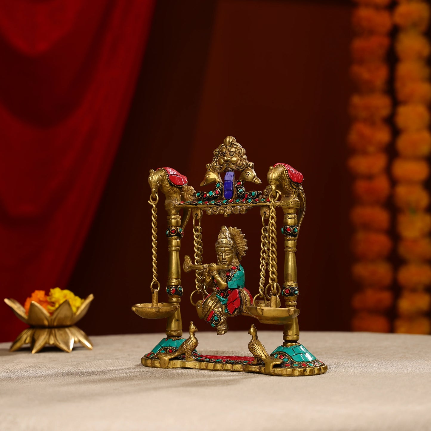 9" Brass Lord Krishna Fluting Idol on Swings With Hanging Panch Diya on Both Sides With Seated Peacocks | Stone Work